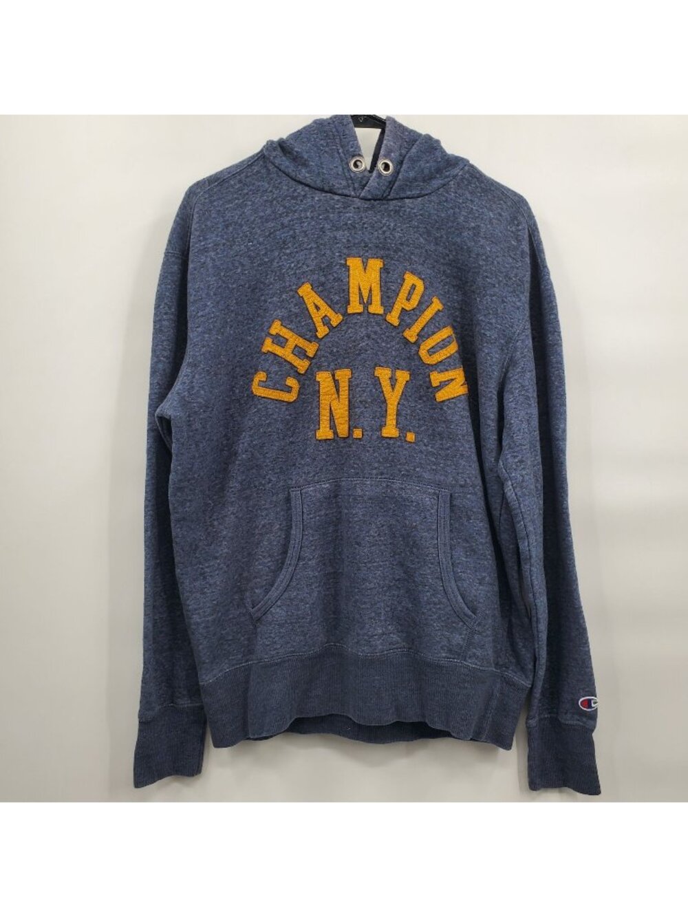 Champion N.Y. Heathered Navy Blue Hoodie Men Size Medium Vintage Vtg Y2K